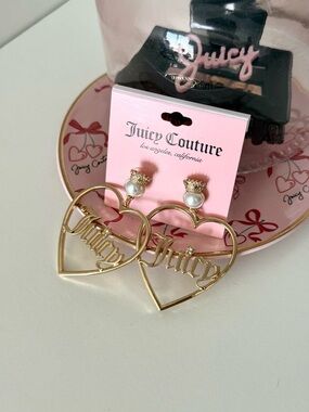Juicy Couture Gold Heart Logo Drop Earrings with Pearl Studs - Pink